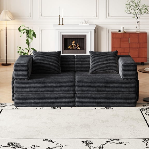 72" Plush Corduroy Convertible Sleeper Sofa Bed, Upholstered Folding Couch with Side Storage Pockets, Convertible Sleeper Chair with High-Density Foam for Living/Study Spaces​, Black
