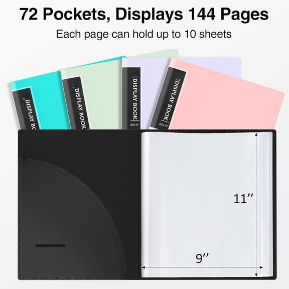 72 Pocket Binder with Plastic Sleeves & Elastic Band, Large Capacity 8.5x11 Presentation Book Display 144 Pages, Art Portfolio Document Folder with Clear Sheet Protectors for Office School