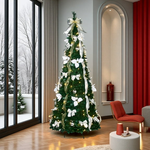72" Pop-Up Christmas Tree, Pre-Lit with 200 Clear LED Lights, Pre-Decorated with White Bows and Shiny Ornaments for a Frosty Holiday Look