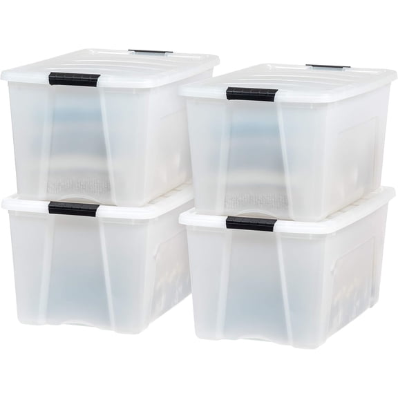 72 QT Plastic Storage Box with Lid and Latches - 4 Pack - BPA-Free, Discreet Organizing Solution, Durable Nestable Stackable Containers, Secure Pull Handle - Pearl