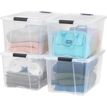 72 Qt Stackable Plastic Storage Bins with Lids, 4 Pack - BPA-Free, Made in USA - See-Through Organizing Solution, Latches, Durable Nestable Containers, Secure Pull Handle - Clear