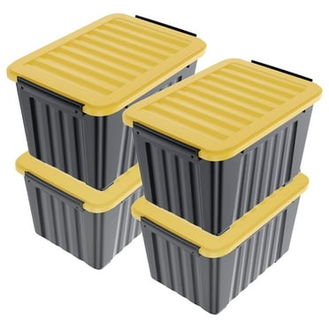 72 Quart Plastic Storage Bin, Stackable and Nestable Storage Boxes with Yellow Lids and Secure Latching Buckles, Large Storage Container (Black/Yellow, 72Quart-4Pack)