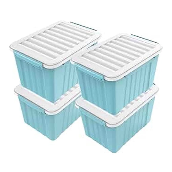 72 Quart Storage Bins - 4 Pack, Plastic Stackable Containers with Lids & Latches - Large Organizer Boxes for Home, Garage, Closet - Blue, 68L Capacity