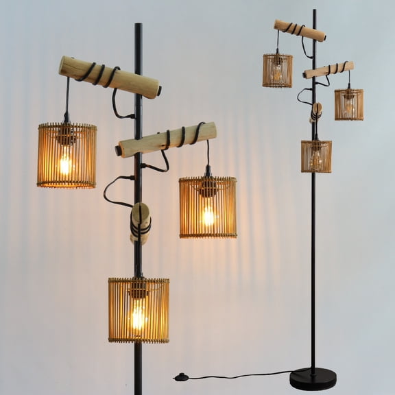 72" Rattan Boho Floor Lamp with Bamboo boho Shade Vintage Standing Lamps for Living Room Bedroom Hotel Bar Office