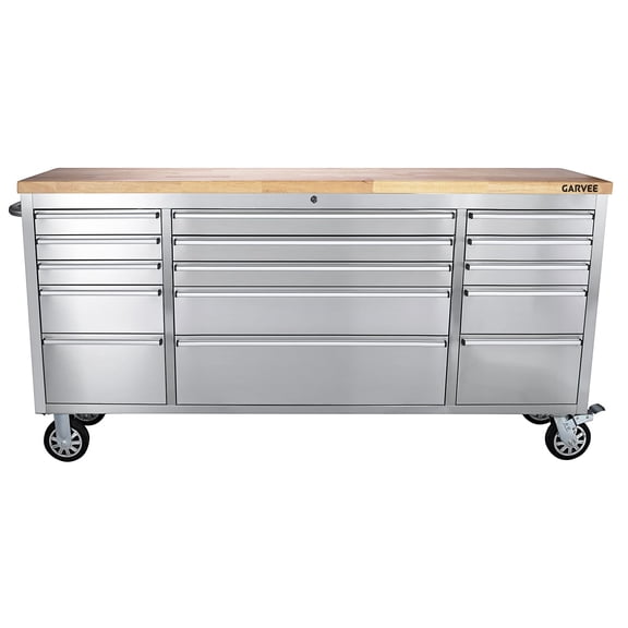 72" Rolling Tool Chest, Garage Steel Tool Cabinet with 15 Drawers and Rubber Wood Work Surface, Mobile Workbench Toolbox Organization with Wheels for Workshop Warehouse