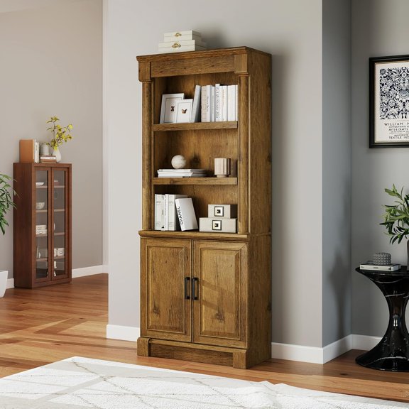 72" Roman Column Bookcase with Double Door Cabinet, 5 Tiers Tall Bookshelf Shelves Storage Anti Tip Kit, Classic American European Modern Multi Style Design for Living Room Study Office, Vintage Oak