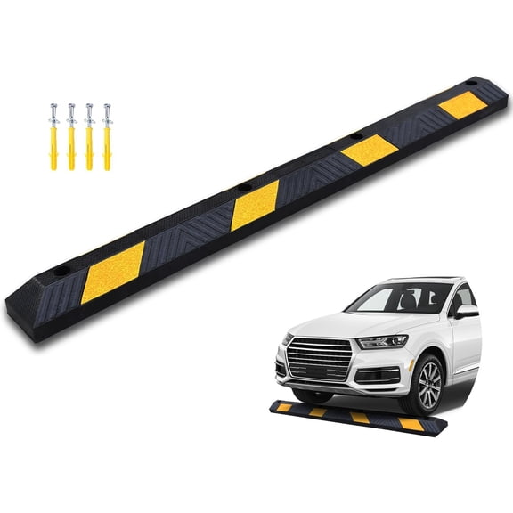 72" Rubber Parking Curb, Heavy Duty Garage Floor Wheel Stopper w/Yellow Reflective Stripe for , , Trailer