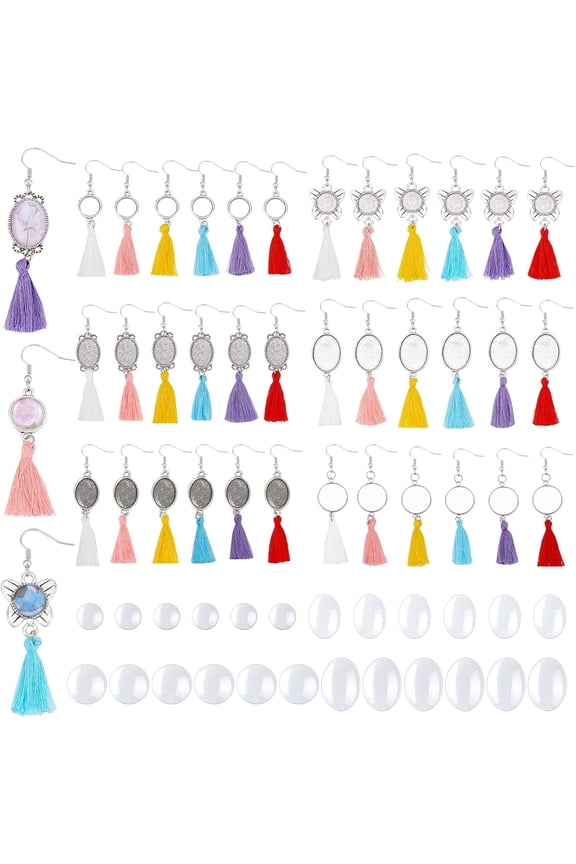 72 Sets Earring Cabochon Setting Blank 6 Styles Earring Bezel Trays Hooks Dangle with Glass Clear Cabochon Tassel Wire Earring