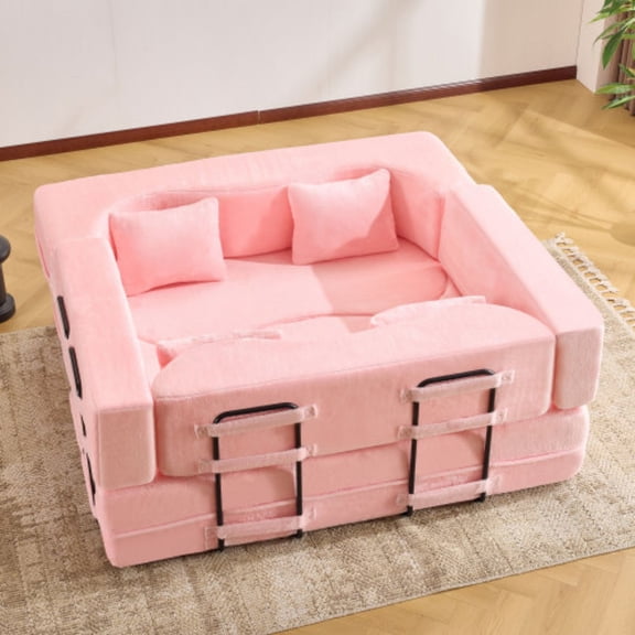72" Short Plush Deep Seat Sofa Bed, Compressed Pull-Out Sofa Bed with High-Density Foam, Luxury Pull-Out Sofa Bed for Rooms​, Pink