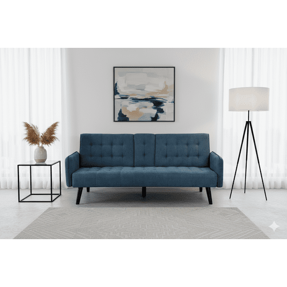 72" Sleeper Sofa Bed - Convertible Folding Backrest to Full Bed with Cup Holder & Drop-Down Table - Space Saving Linen Sofa for Small Spaces - Easy Assembly, Blue