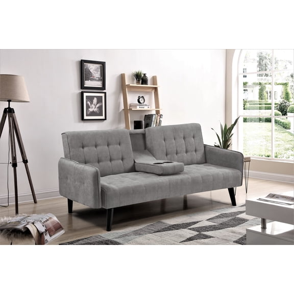 72" Sleeper Sofa Bed - Convertible Folding Backrest to Full Bed with Cup Holder & Drop-Down Table - Space Saving Linen Sofa for Small Spaces - Easy Assembly, Grey