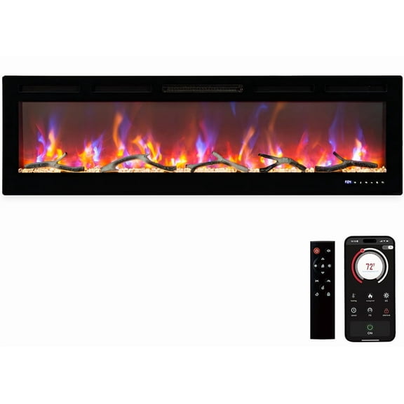 72" Smart Fireplace Wall Insert, WiFi & Alexa Voice Control, 3d LED Flames 12 Colors Recessed Wall Mount Dual Heat 750w/1500w App Remote