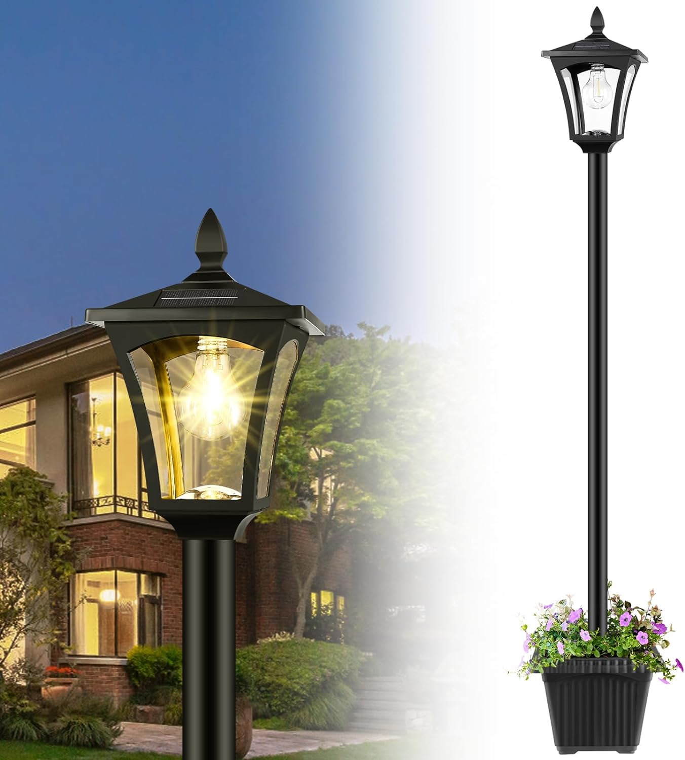 72" Solar Outdoor Light with Planter, Waterproof Solar Post Lamp, Dusk to Dawn Garden Light for Backyard Pathway Patio Driveway, Antique Black