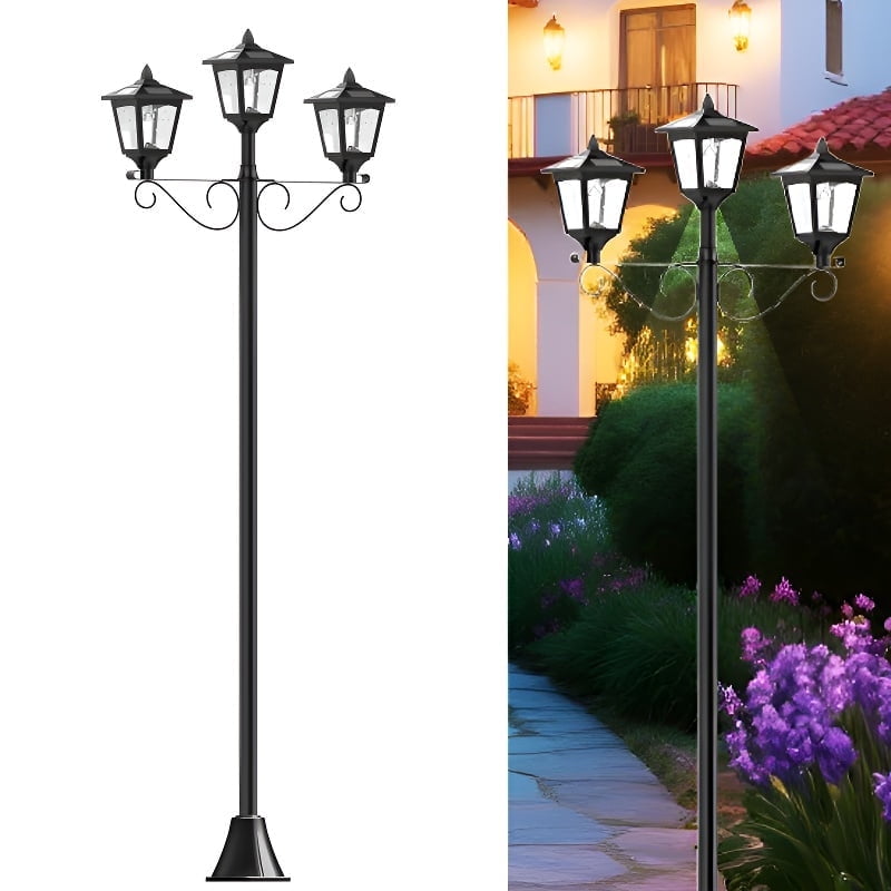 72" Solar Powered Outdoor Lamp Post Light - Triple Head LED, Auto On/Off Dusk to Dawn, Waterproof, for Garden Patio Driveway Yard Pathway