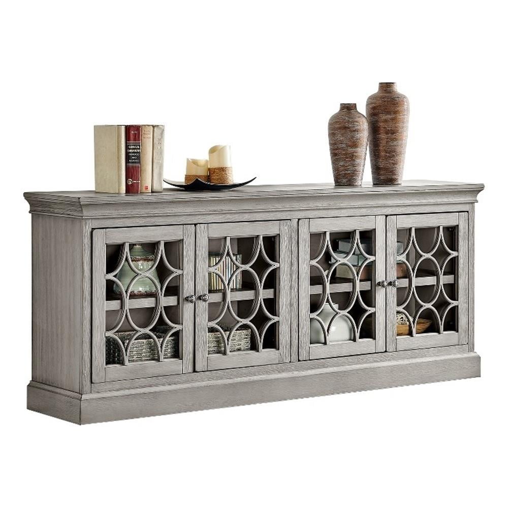 72" Gray Wood Four Door TV Console with Glass Panels