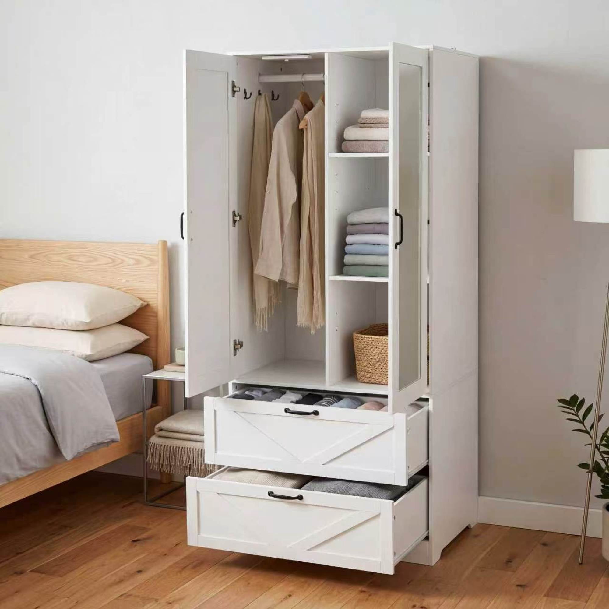 72" Tall 2 Doors Armoire Wardrobe Closet with 2 Drawers and Mirror, Multifunctional Wooden Wardrobe Storage Cabinet with Induction Light for Bedroom,White
