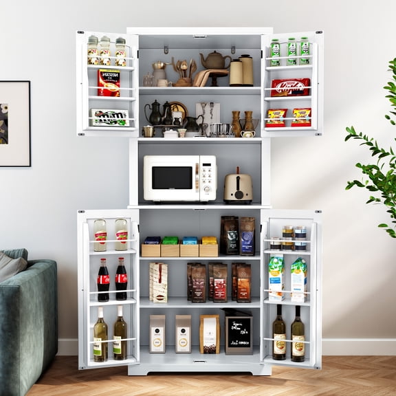 CBJCBJ 72" H Kitchen Pantry Storage Cabinet, Freestanding Cupboard with Adjustable Shelves & Open Space, White