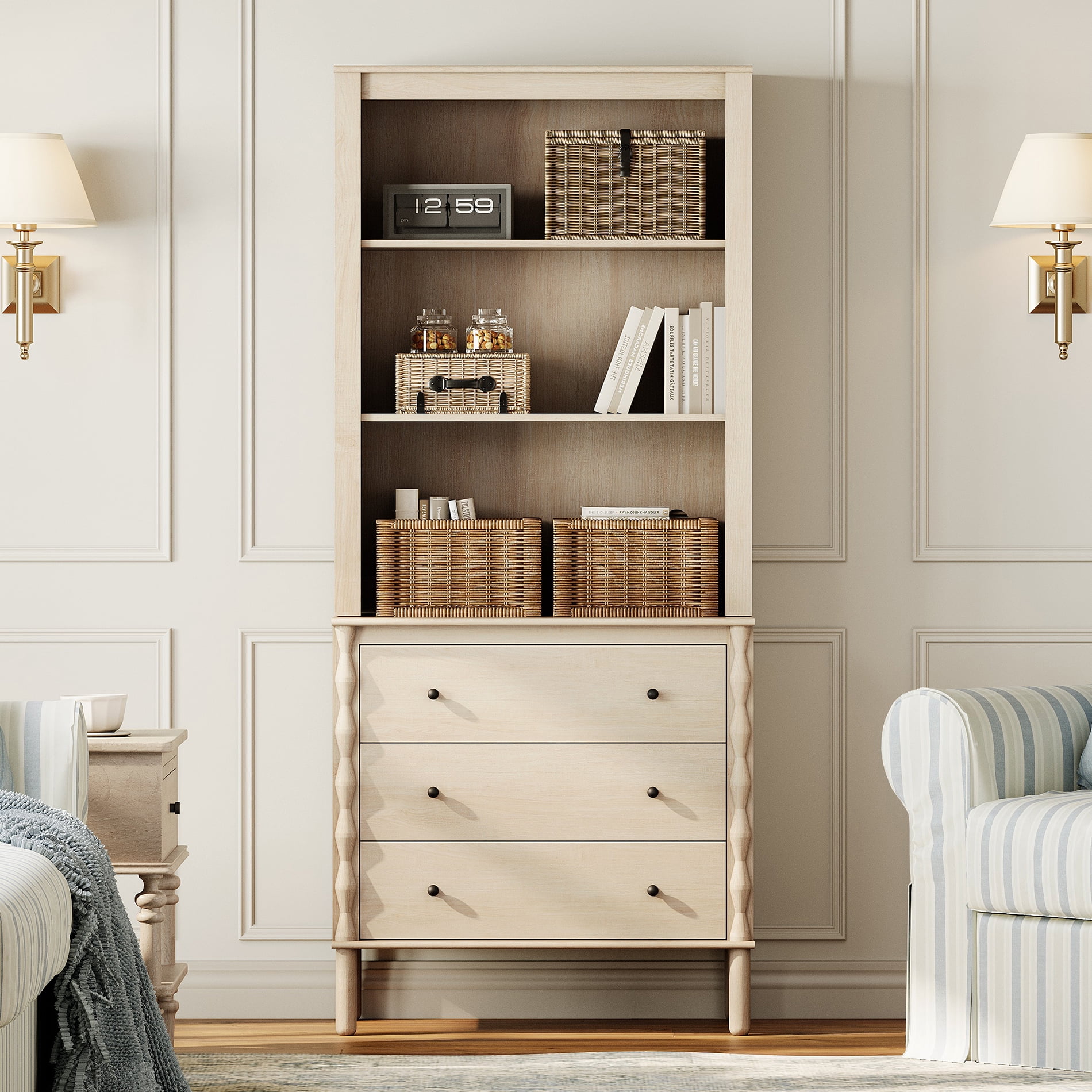 72" Tall Adjustable Bookshelf with 3 Drawers and Open Book Shelves,Natural