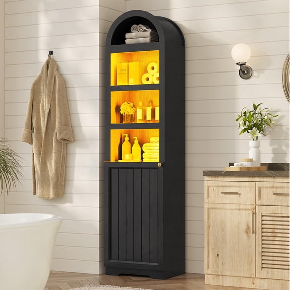 72" Tall Arched Bathroom Storage Cabinet with LED Lights, Slim Narrow Storage Cabinet with Adjustable Shelves, Space Saving 7 tier Organizer, Black, Weiplehoom