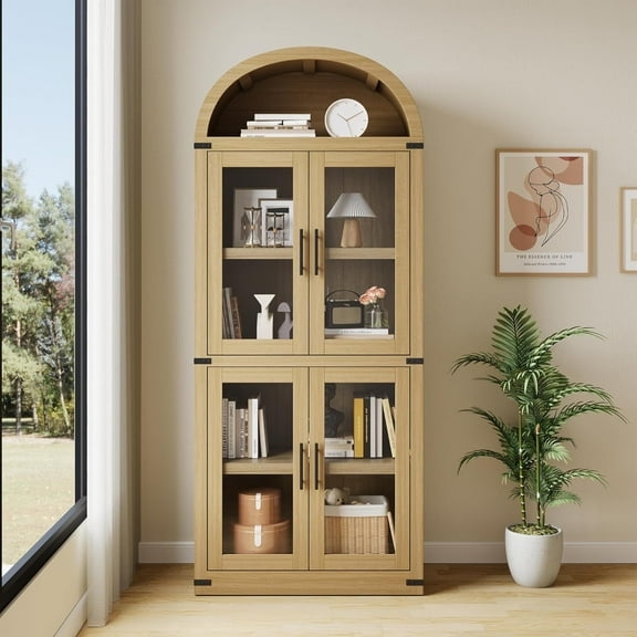 72" Tall Arched Bookcase with Glass Doors, 5 Tier Display Bookshelf Storage Cabinet, Modern Floor Standing Organizer for Home Office Living Room, Natural