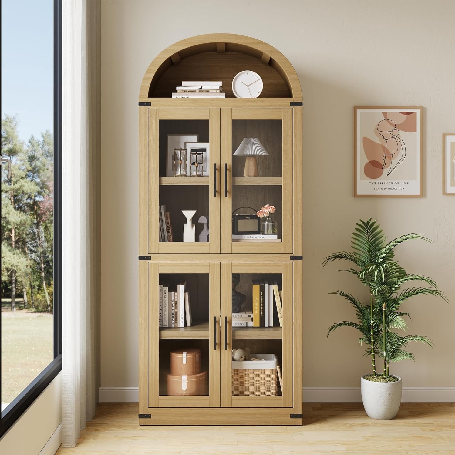 Memoryfield 72" Tall Arched Bookcase with Glass Doors, 5 Tier Display Bookshelf Storage Cabinet, Modern Floor Standing Organizer for Home Office Living Room, Natural