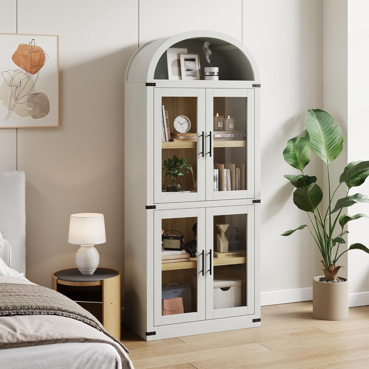 Memoryfield 72" Tall Arched Bookcase with Glass Doors, 5 Tier Display Bookshelf Storage Cabinet, Modern Floor Standing Organizer for Home Office Living Room, White