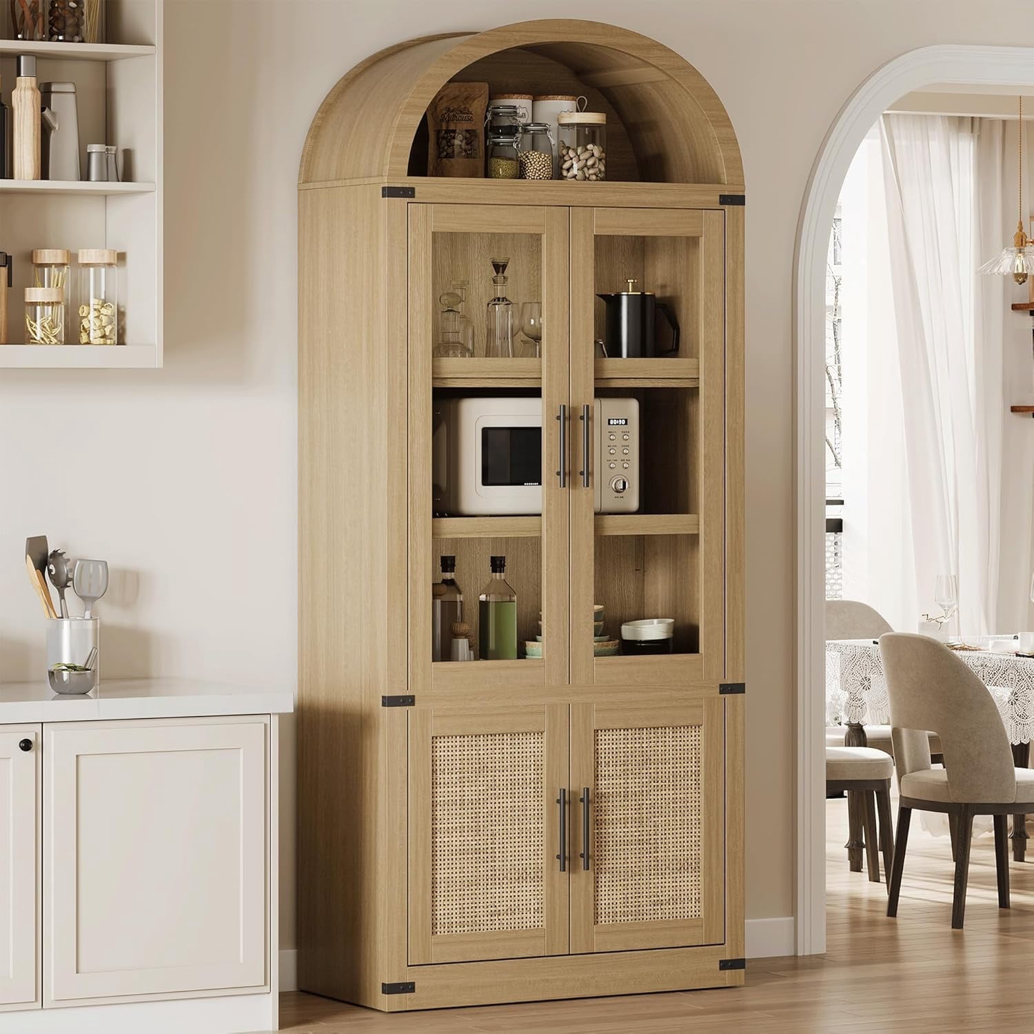 Memoryfield 72" Tall Arched Bookcase with Glass Doors, 6 Tier Display Bookshelf Storage Cabinet, Modern Floor Standing Organizer for Home Office Living Room, Natural