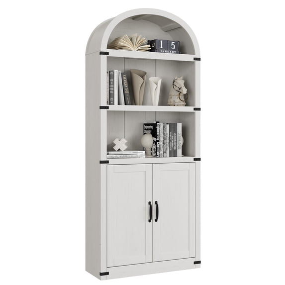 72" Tall Arched Cabinets,Bookcase with storage,Mid-Century Modern 5-Tier Bookshelf with Door,2 Book Risers and Adjustable Shelves offering more storage space for Living Room,Kitchen,Home Office