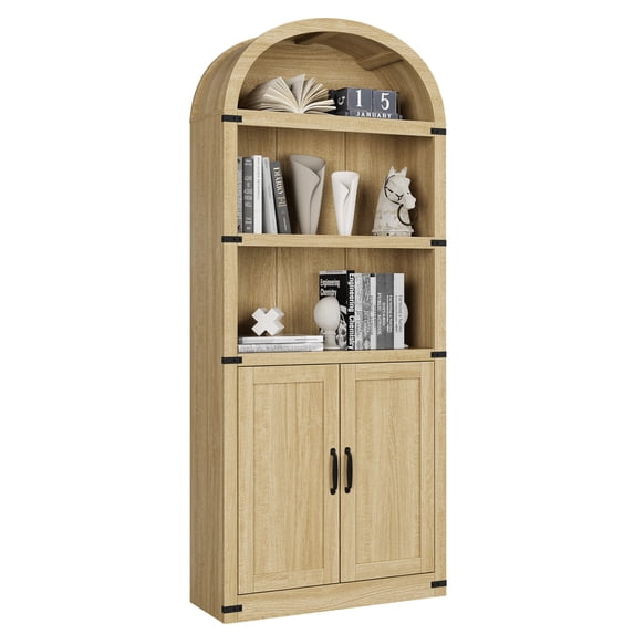 72" Tall Arched Cabinets,Bookcase with storage,Mid-Century Modern 5-Tier Bookshelf with Door,2 Book Risers and Adjustable Shelves offering more storage space for Living Room,Kitchen,Home Office