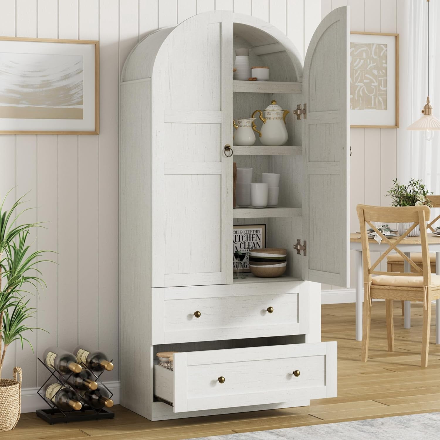 72" Tall Arched Kitchen Pantry Cabinet, Farmhouse Wood Pantry Storage Cabinet with 2 Large Drawers, Wood Door, Freestanding Versatile Pantry Cabinets for Dining, Living Room
