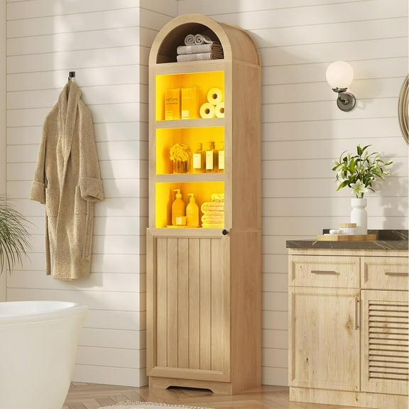 72" Tall Arched Narrow Bathroom Storage Cabinet with Lights, Slim Storage Cabinet with Adjustable Shelves for Small Spaces, Oak