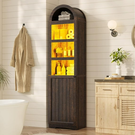 72" Tall Arched Narrow Bathroom Storage Cabinet with Lights, Slim Storage Cabinet with Adjustable Shelves for Small Spaces, Retro Brown