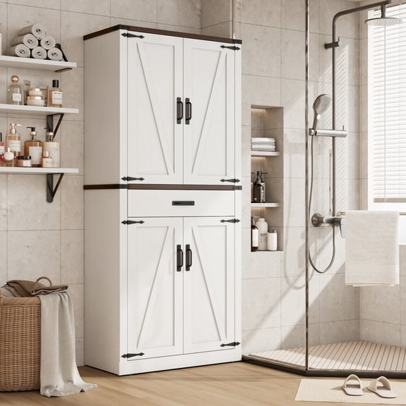 72" Tall Bathroom Storage Cabinet with 4 Barn Doors & Drawer, Farmhouse Linen Cabinet with Load-Bearing Pipe & Adjustable Shelves for Bathroom, Kitchen, Living Room, Rustic Brown