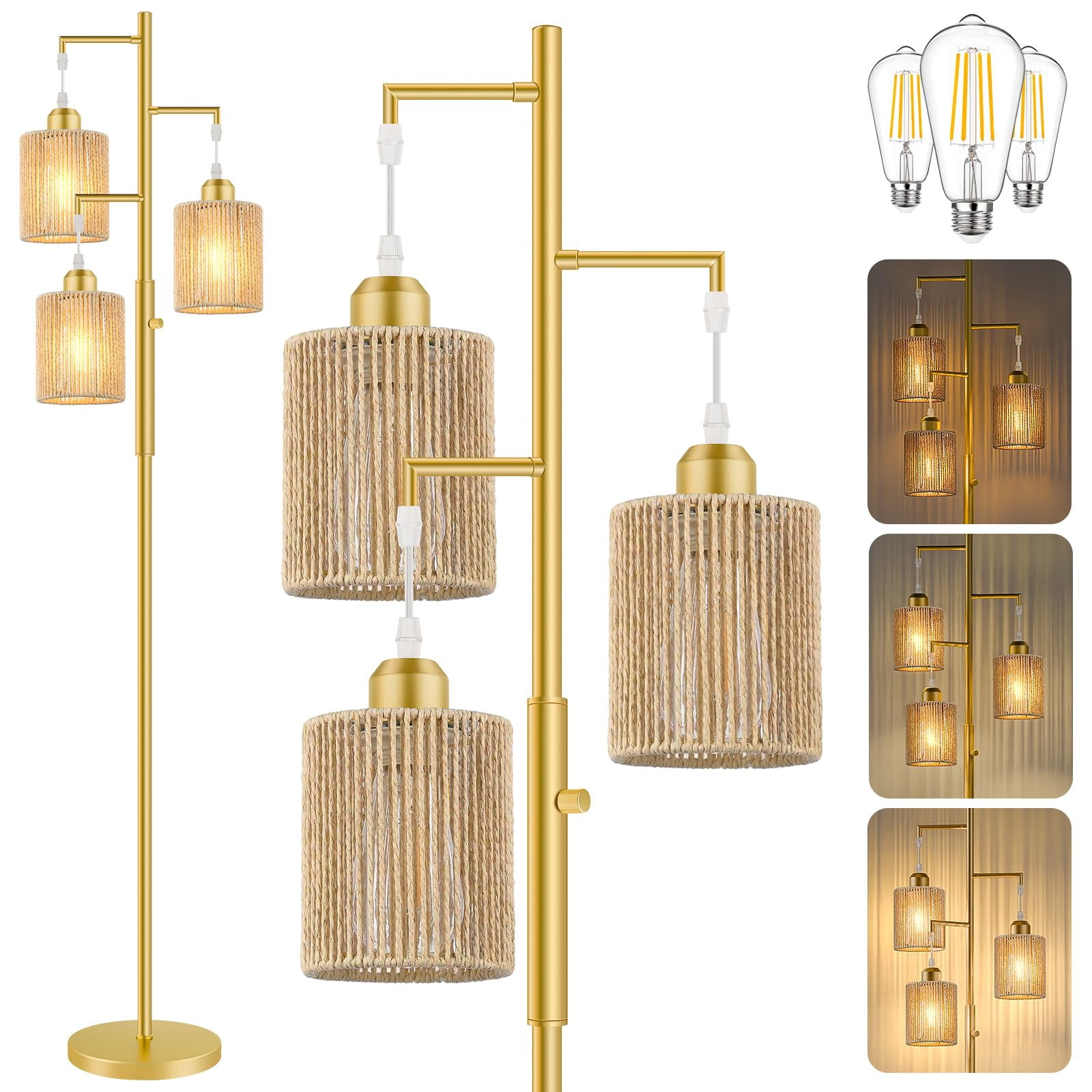 72" Tall Boho Rattan Style Floor Lamp With Hand-woven Paper Cord Shade  Dimmable Industrial Tree Standing For Living Room Bedroom Study Office (3 X 800lm Bulbs Included) -