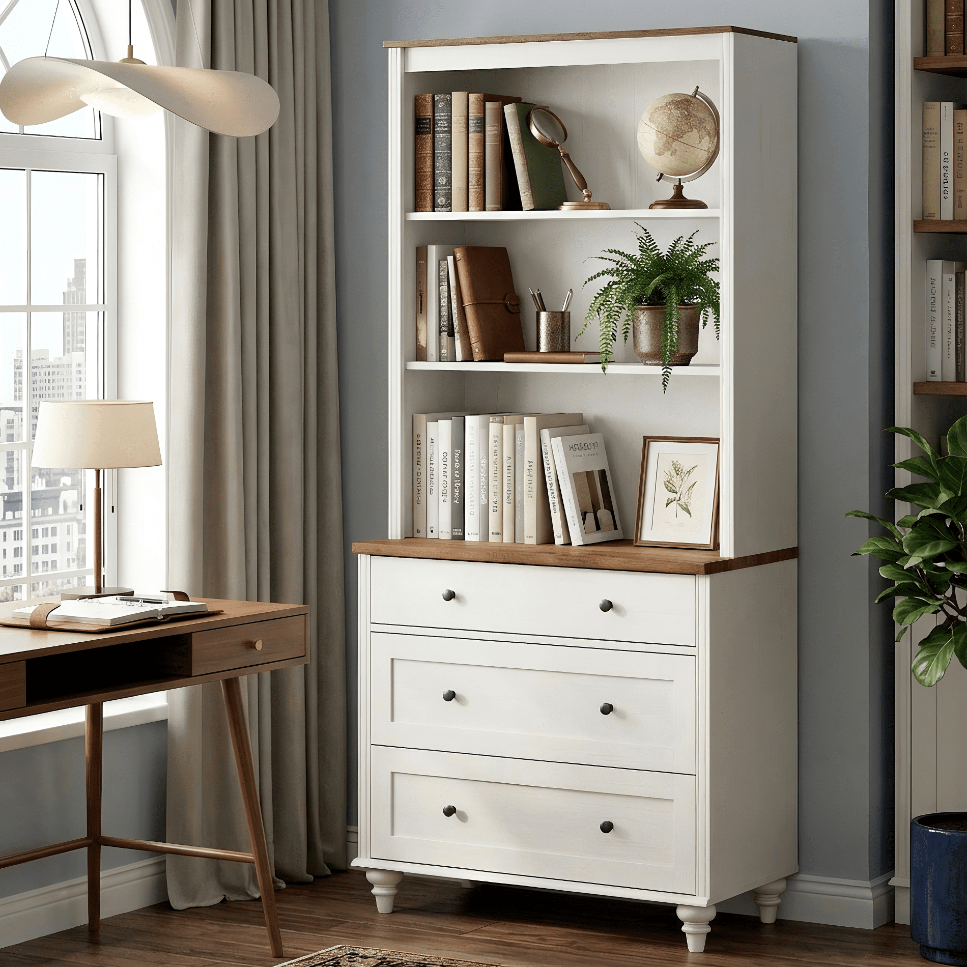 72" Tall Bookcase Large Display Book Case Shelf with 3-Tier Open Book Shelfs, 3 Tier Farmhouse Bookshelf with 3 Drawers, Library Wood Bookshelves for Living Room or Study Room or Bedroom, White