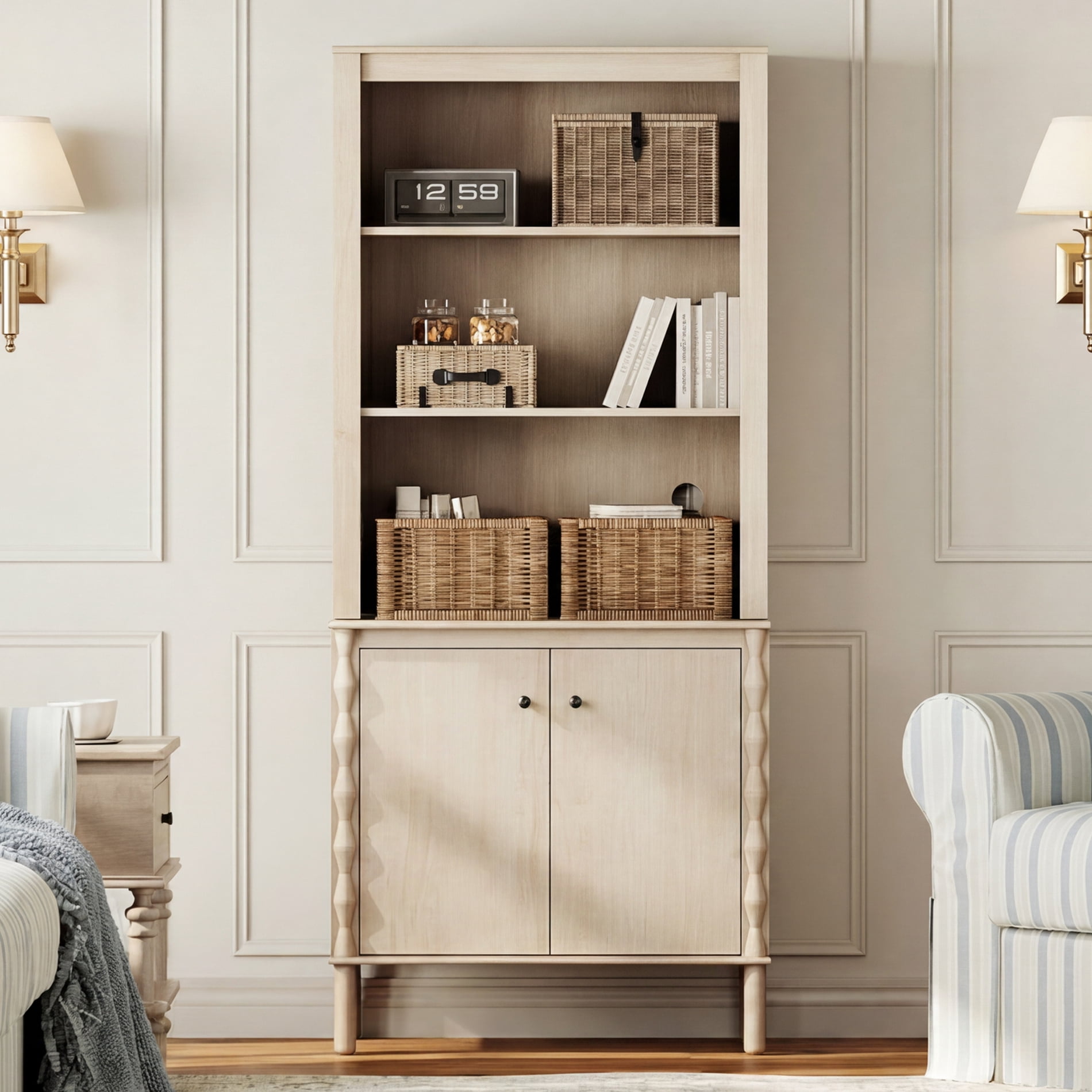 72" Tall Bookcase with Open BookShelves and Door Cabient,Natural