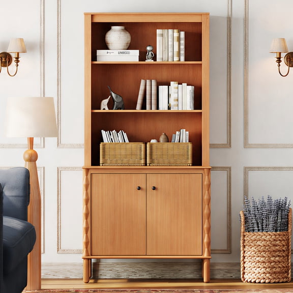 72" Tall Bookcase with Open BookShelves and Door Cabient,Walnut