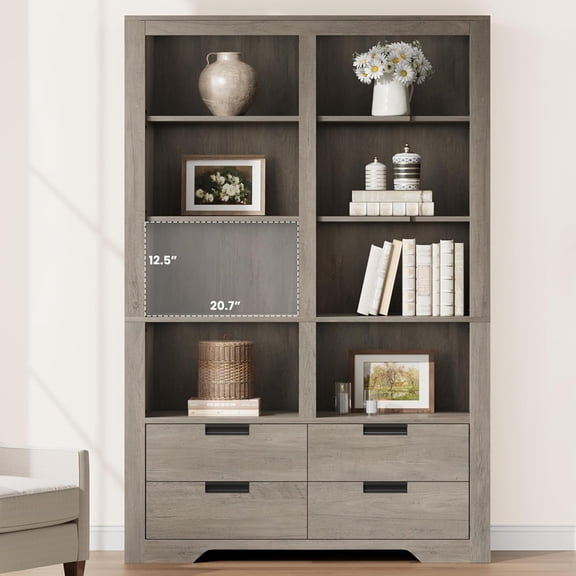 72" Tall Bookshelf,4 Tier Floor Standing Bookcase with 4 Drawers,48" Wide Open Storage Shelf, Modern Display Organizer for Home Office, Living Room, Bedroom