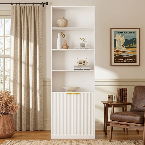 69" Tall Bookshelf with Fluted Doors, 6-Tier Modern Bookcase and Storage Cabinet, Display Shelves with Anti-Tip Kit for Living Room, Bedroom, and Home Office Decor
