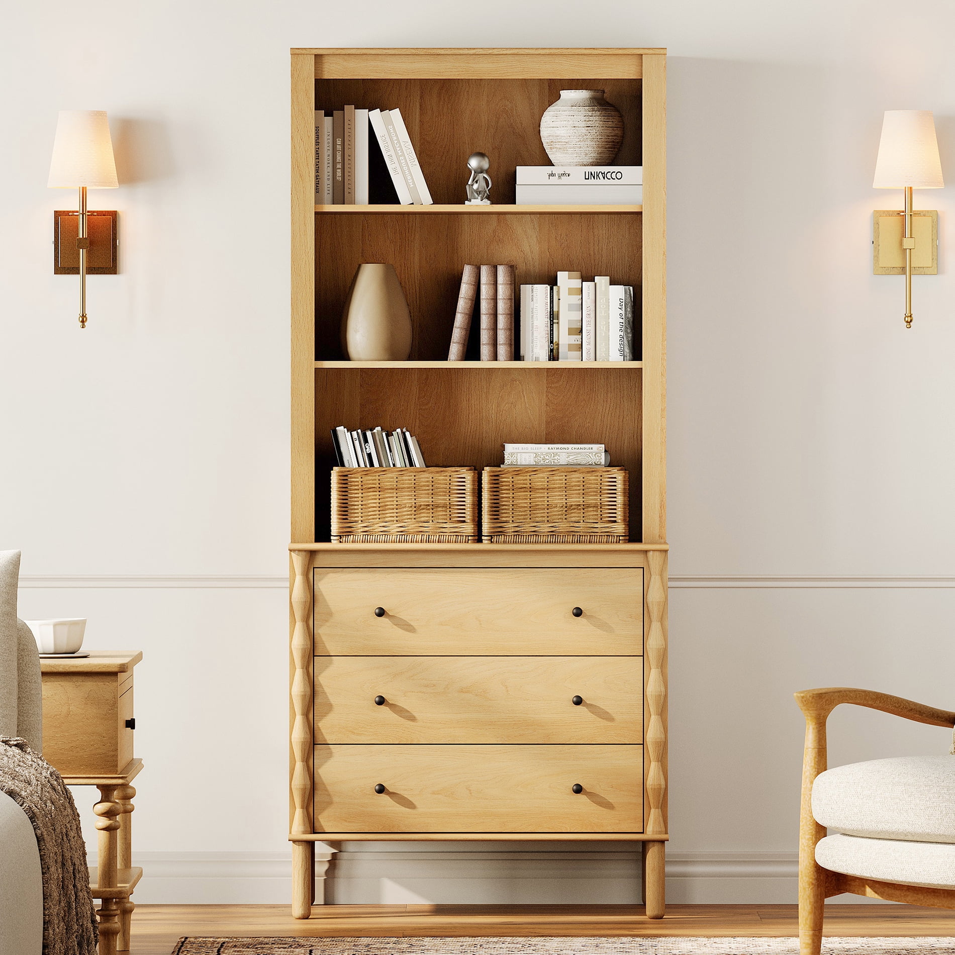 72" Tall Bookshelf with 3 Drawers and Open Book Shelves,Oak
