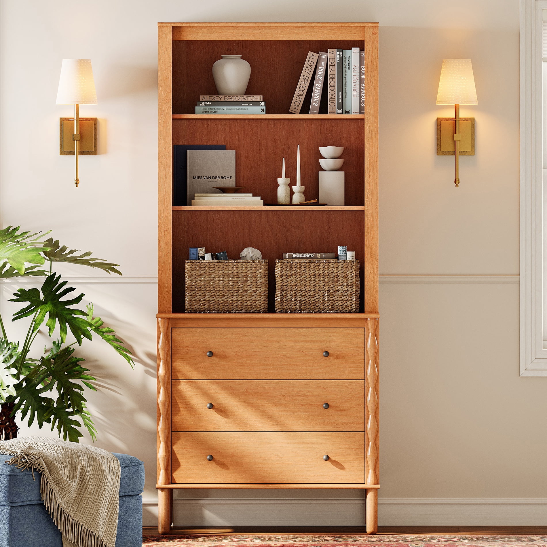 72" Tall Bookshelf with 3 Drawers and Open Book Shelves,Walnut