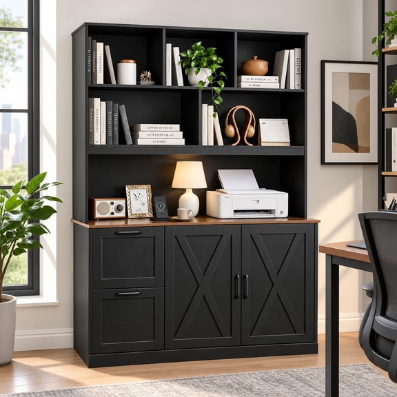 72'' Tall Bookshelf with Power Outlet, 2 Drawer File Cabinet for A4
