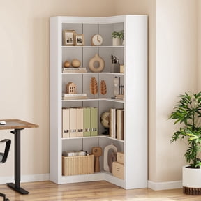 72" Tall Corner Bookshelf, 5-Tier Farmhouse L-Shaped Bookcase with 300 lbs Capacity, Heavy Duty Corner Display Shelf for Living Room, Bedroom and Office, White