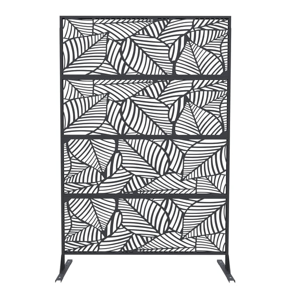 1 Pack 72" Tall Decorative Metal Garden Privacy Fence – Rustproof Freestanding Screen Panels, Scroll & Geometric Design, Black,Leaf