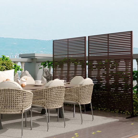 72" Tall Decorative Metal Garden Privacy Fence – 2 Pack Rustproof Freestanding Screen Panels, Scroll & Geometric Design, Long Clauses,Brown