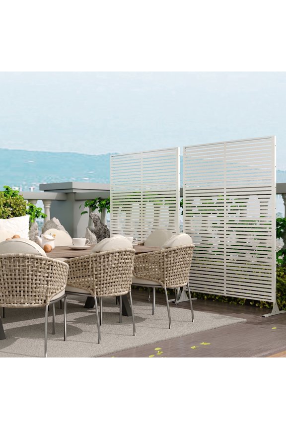 1 Pack 72" Tall Decorative Metal Garden Privacy Fence – Rustproof Freestanding Screen Panels, Scroll & Geometric Design, Long Clauses,White
