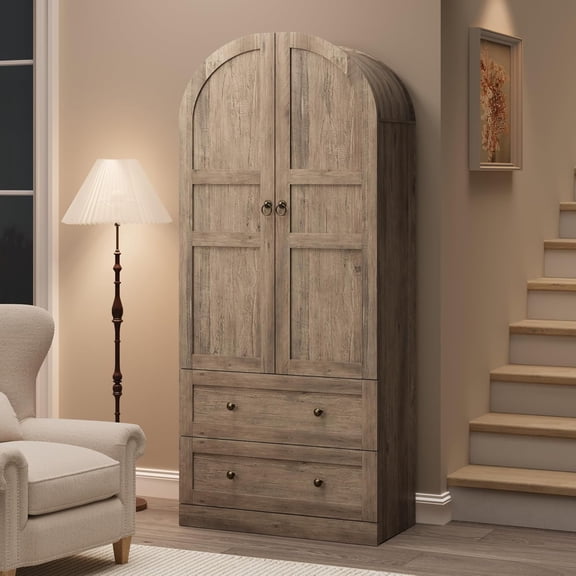 72" Tall Dome Bookcase with Drawers, 4-Tier Wooden Bookshelf Storage Cabinet with Door, Farmhouse Arched Cabinet with Storage, Wood Arch Bookcase for Home Office, Living Room, Gray