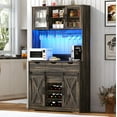 thumbnail image 1 of 72'' Tall Farmhouse Coffee Bar Cabinet w/ Hutch, LED Light, Outlets, Sliding Barn Door Kitchen Buffet w/12 Wine Bottles/Glass Racks, 4 Drawers, Hooks, 1 of 8