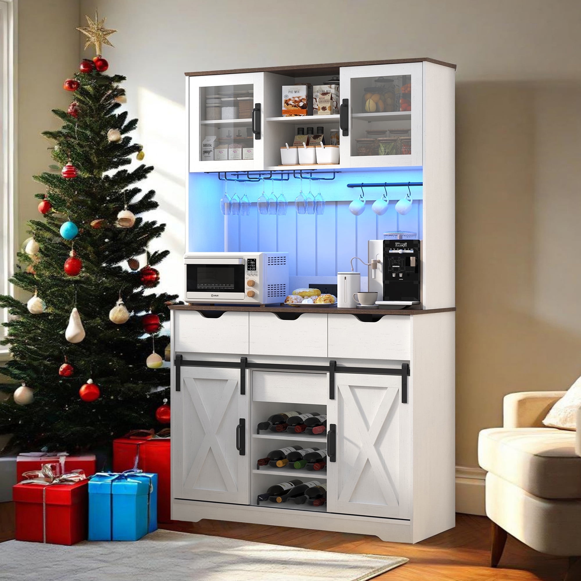 72'' Tall Farmhouse Coffee Bar Cabinet w/ Hutch, LED Light, Outlets ...