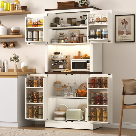 72" Tall Farmhouse Kitchen Pantry Cabinet with 10 Side Shelves and LED Light & Power Outlet, 5 Layers Pantry Storage Cabinet with Barn Doors&Load-Bearing Steel Pipe for Dining Room,Living Room,White